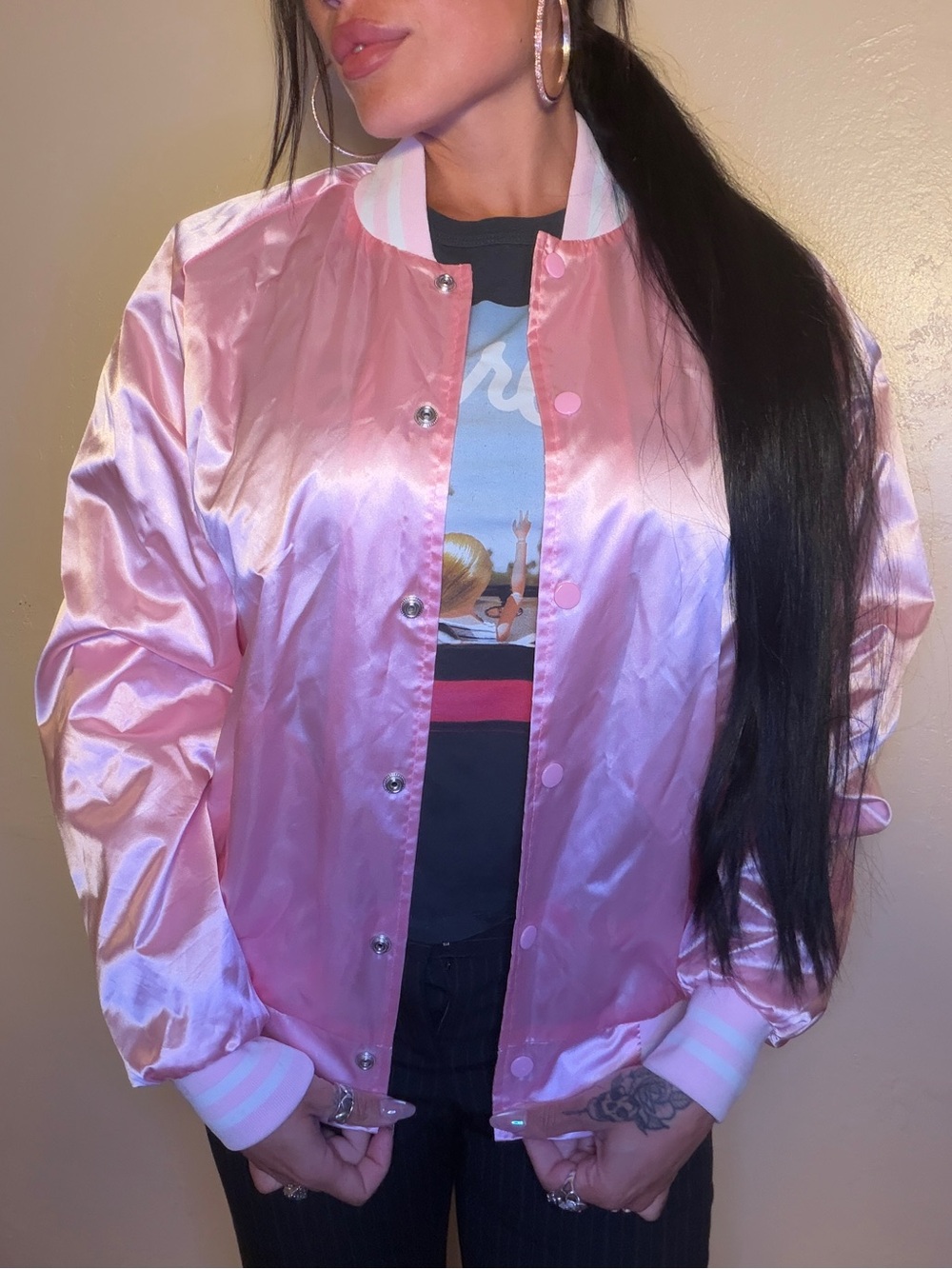 Rare Pink Satin Bomber Baggy Jacket - Women's Lightweight Coat Y2K Fashion